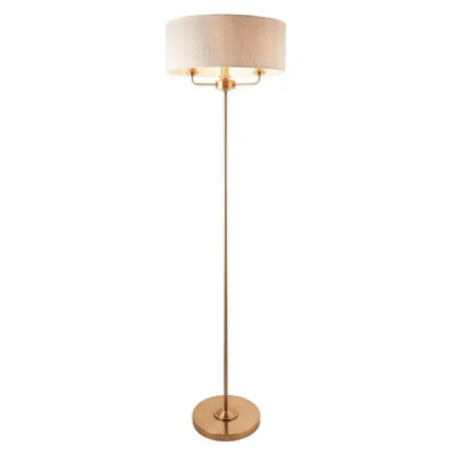 Highclere Floor Lamp with Shade Vintage Brass, Natural Linen, 3x E14
