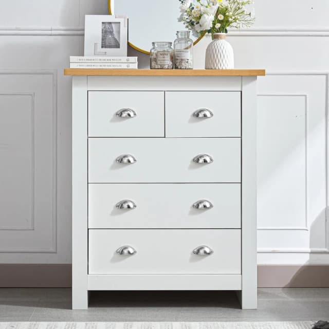Kosy Koala 5-drawer Dresser With Light Wood Top, White Bedroom Storage Chest, Silver Handles, W79Cm, Multi OTIS 5 DRAWER