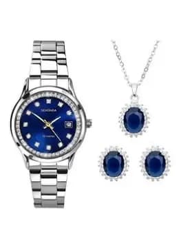 Sekonda Womens Catherine Silver Stainless Steel Bracelet With Blue Dial Analogue Watch And Matching Pendant And Earrings Stone Set Gift Set