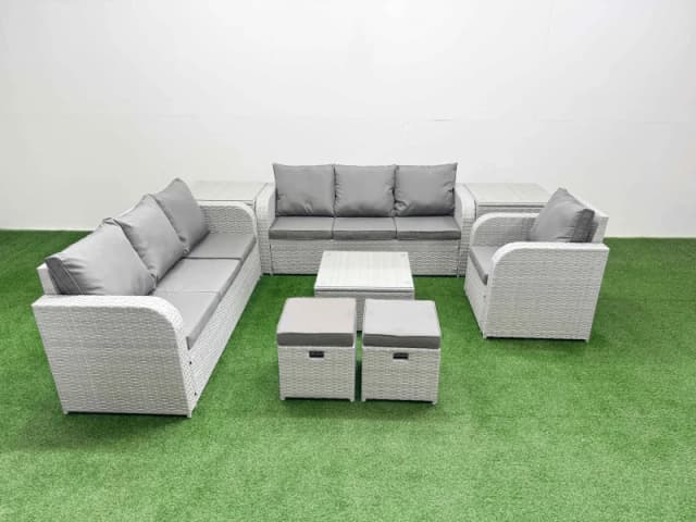 Fimous 9 Seater Poly Rattan Outdoor Garden Furniture Square Coffee Table Sofa Set Patio 3 Seater Sofa Reclining Chair 3 Seater Sofa Stools 2 Side Tabl