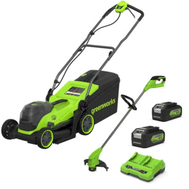 Greenworks Twin 24v Cordless Lawnmower 360mm and 24v Grass Trimmer 250mm MTCK24B421-01 Batteries: 2 x 4ah Li-ion