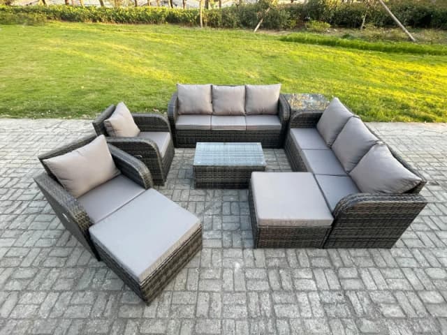 Fimous 10 Seater Rattan Outdoor Garden Furniture Sofa Set Patio Table & Chairs Set with 3 Seater Sofa Reclining Chair 2 Big Footstool 3 Seater Sofa Da