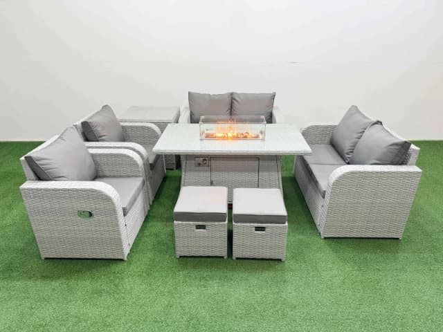 Fimous 8 Seater Outdoor Reclining Chair Love Sofa Set Rattan Garden Furniture Set with Firepit Dining Table 2 Stools Side Table Light Grey Light Grey