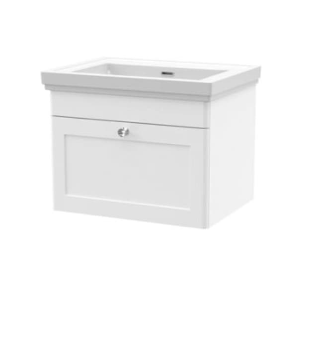 nuie 600mm Wall Hung 1 Drawer Vanity & Basin 0TH - Satin White CLC194H