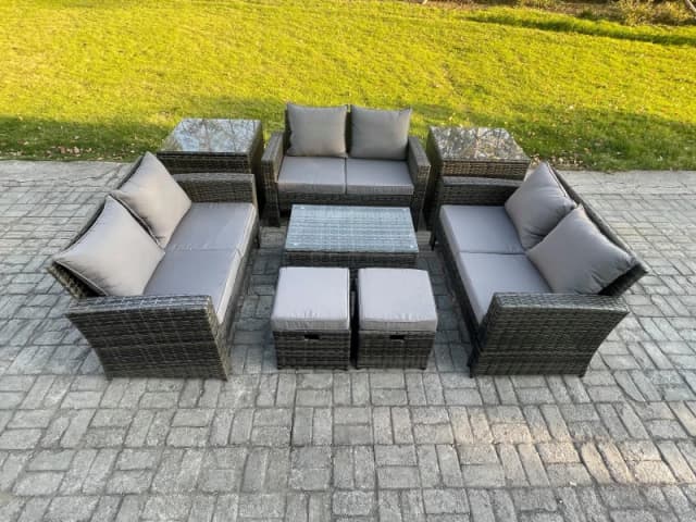 Fimous 8pc Rattan Sofa Garden Furniture Outdoor Patio Set with 2 Side Tables 2 Small Footstools Love Seat Sofa Dark Grey Dark Grey Unisex