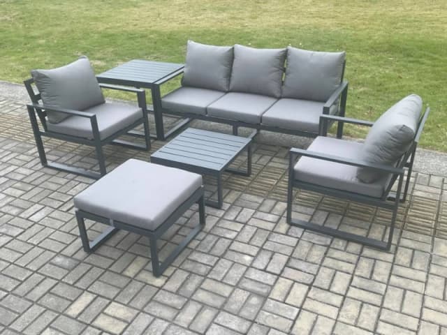 Fimous Aluminium 6 Seater Outdoor Lounge Sofa Set Garden Furniture Sets with Square Coffee Table Chair Big Footstool Side Table Dark Grey Dark Grey Un