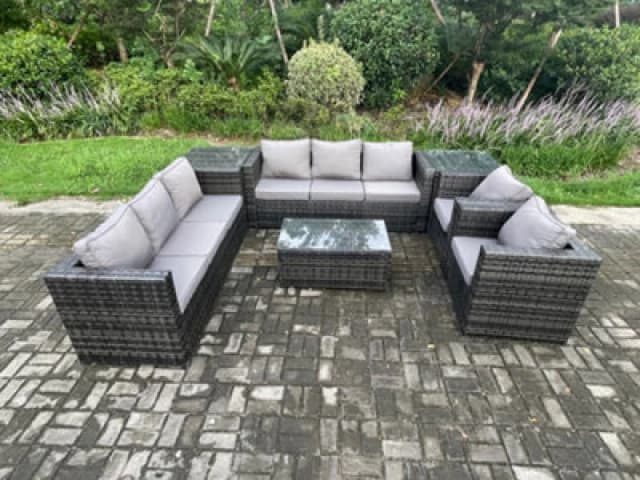 Fimous Wicker PE Rattan Sofa Set Outdoor Patio Garden Furniture with 2 Armchairs Oblong Coffee Table 2 Side Tables Dark Grey