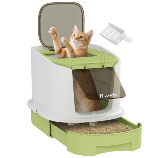 PawHut Cat Litter Box, Hooded Cat Litter Tray with Lid, Scoop, Green D31-102V00GN