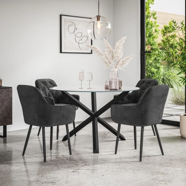 More4Homes Malvern Round Dining Table And Chairs - Clear Glass Table Top W Solid Black Oak Legs + Anika Velvet Dining Chair Set Of 4 (Black)