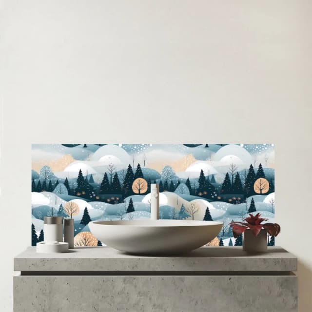 Warren Reed - Designer Dreamy Snowy Christmas Scene Glass Bathroom Splashback in White White Unisex