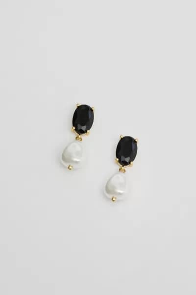 Gold Plated Cubic Zirconia Jet Stone And Pearl Drop Earrings