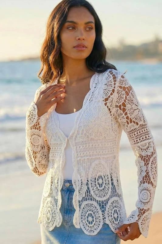 Roman Womens Crochet Tie Front Knit Cardigan in Ivory Size: Large Ivory Female L