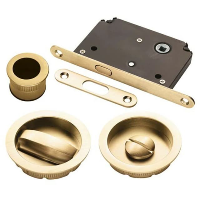 Loops Sliding Bathroom Door Flush Pull Set Turn and Release Lock Satin Brass Metallics unisex