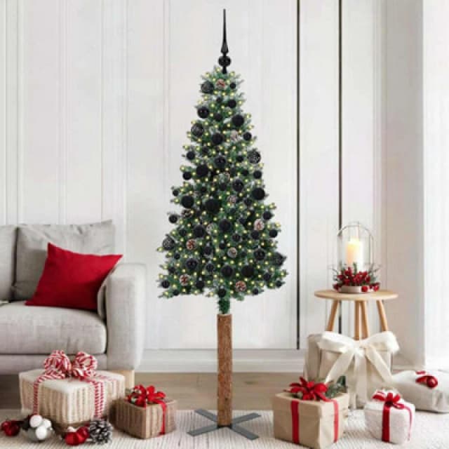 vidaXL Slim Christmas Tree with 300 LEDs, Black Balls Green and White 180 cm, Green 3394900