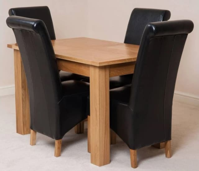 Thats Furniture Hampton 120-160cm Oak Extending Dining Table & 4 Montana Leather Chairs in Black Unisex