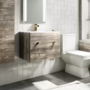 600mm Wood Effect Wall Hung Vanity Unit with Basin and Brass Handle - Ashford