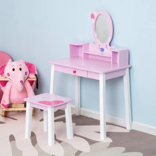 Homcom Kids Dressing Table And Stool Set Make Up Desk With Storage (Pink)