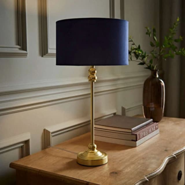 ValueLights ValueLights Maggie Gold Metal Candlestick Slim Table Lamp with Velvet Drum Lamp Shade in Navy Navy One Size Unisex 5059406046155