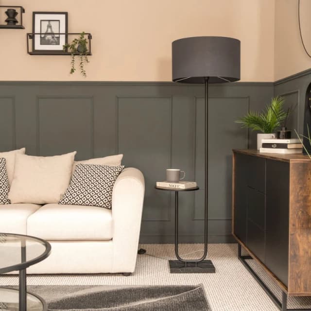 ValueLights Tavel Black Marble Base Floor Lamp With Table And Large Charcoal Grey Shade Black