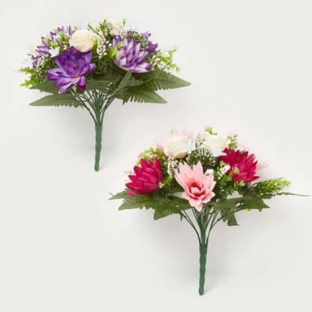 Homescapes Set Of 2 Artificial Pink & Purple Handcrafted Rose & Lotus Flower Bouquets, 35 X 30 Cm