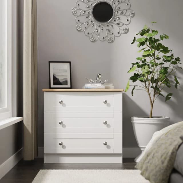 Santander Ready Assembled Matt White & Oak 3 Drawer Wide Chest (H)692mm (W)765mm (D)415mm