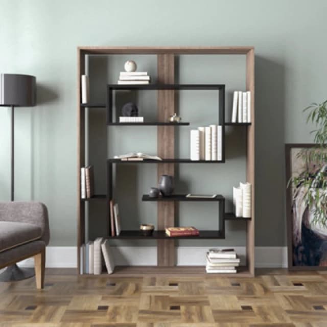 Decorotika Esteban Geometric Bookcase Shelving Unit Walnut & Black