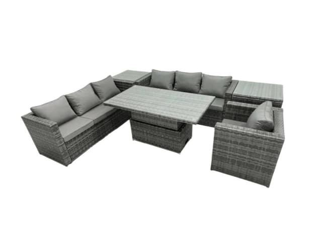 Fimous Rattan Dining Table Sofa Set with 2 Side Table Outdoor 7 Seat in Dark Grey Dark Grey Unisex
