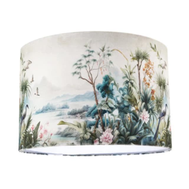Happy Homewares Jungle And Mountain Velvet Fabric Shade With Pink Flowers And Birds