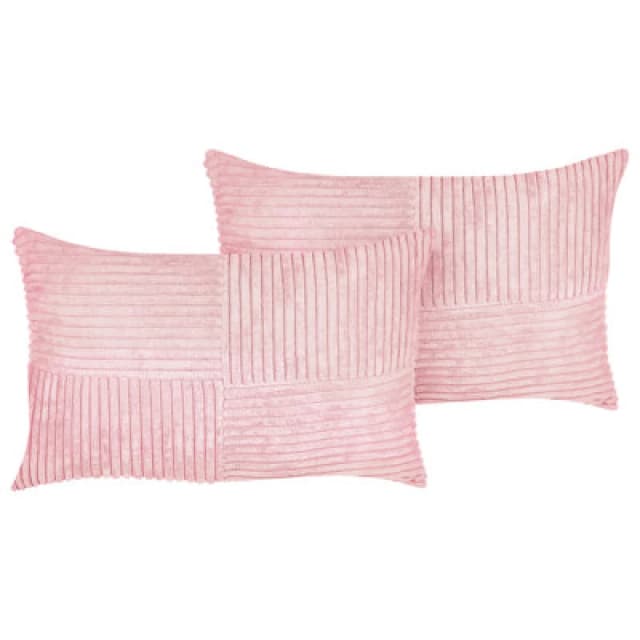 Beliani Set Of 2 Decorative Cushions Millet Corduroy 30 X 50 Cm Pink Geometric Pattern