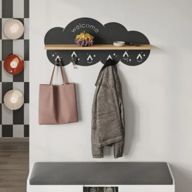 Decortie Cloudy Wall-Mounted Metal Hanger Oak Shelf With 6 Metal Hooks Welcome Cloud Shape Functional Storage Hanger Entryway