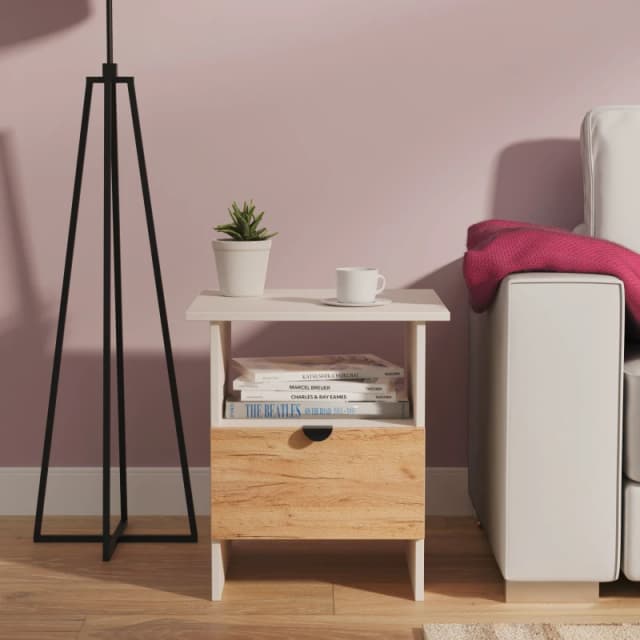 Welcome Furniture Ltd Bora Bottom Drawer Lamp Table in Gold Craft Oak & Kashmir - Ready Assembled, Cream BOP224GCKM