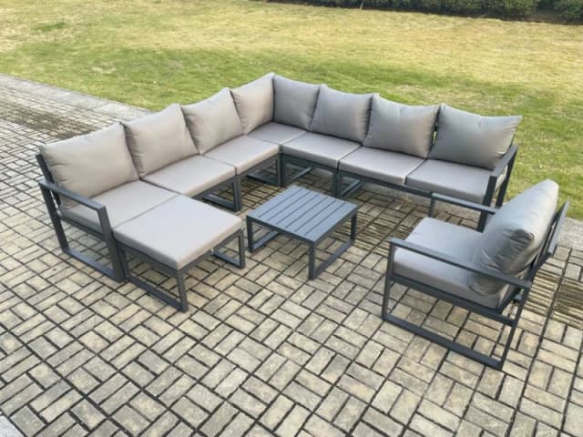 Fimous Outdoor Garden Furniture Patio Lounge Corner Sofa Aluminium Set with Square Coffee Table Big Footstool Chair Dark Grey Dark Grey Unisex