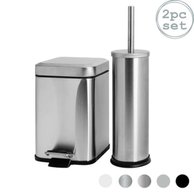 Harbour Housewares Bathroom Bin & Toilet Brush Set - 3L - Brushed - Mismatched Stainless Steel Slim Trashcan Rubbish Bin & Brush