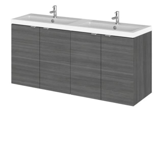 Hudson Reed Fusion Wall Hung 4 Door Vanity Unit & Twin Polymarble Basin, Sink Vanity Unit, Anthracite Woodgrain, 1200mm