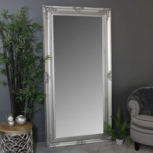 Melody Maison Extra Large Ornate Silver Wall / Floor / Leaner Mirror 100cm X 200cm Metallic Silver
