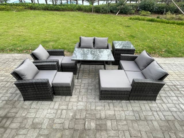 Fimous Garden Furniture Sets 9 Pieces Wicker Rattan Furniture Manual Wicker Patio Sofa Patio Conversation Set with 3 Footstools in Dark Grey Dark Grey