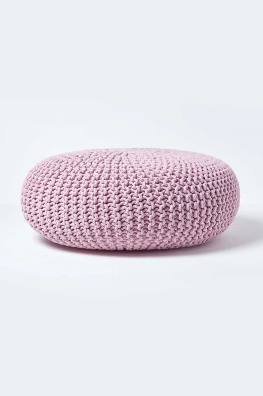 Homescapes Pastel Pink Large Round Cotton Knitted Pouffe Footstool