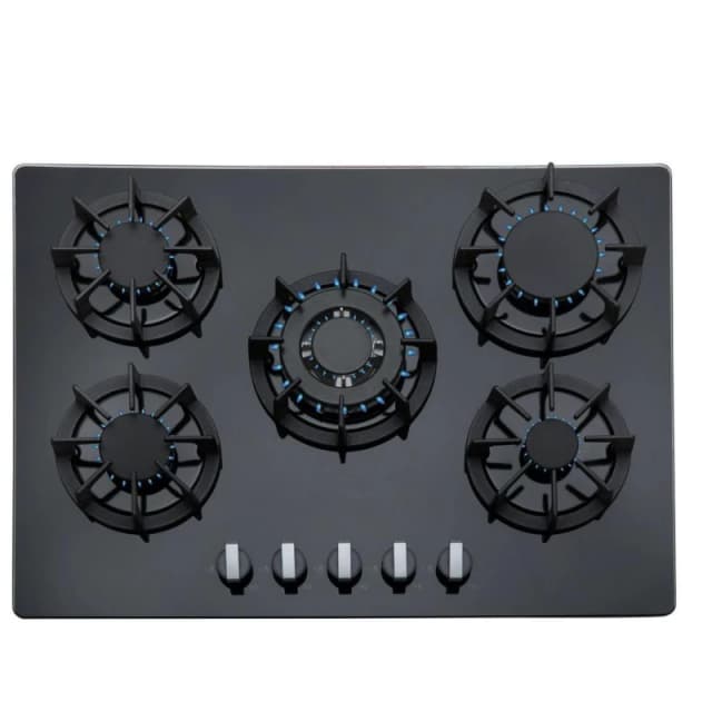 SIA Black 5 Burner 70cm Gas On Glass Hob With Cast Iron Pan Stands R8 Black