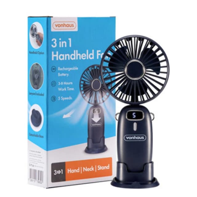 Vonhaus Handheld Fan, Mini, Portable, Lightweight, USB Rechargeable, 5 Speeds, 90 Degree Folding, 60Cm Lanyard, Phone Stand