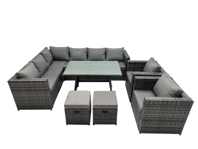 Fimous 10-seater Outdoor PE Rattan Sofa Set with with 2 Chair 2 Small Stools in Dark Grey Dark Grey Unisex