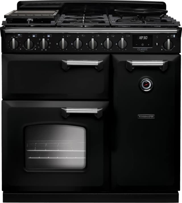 Rangemaster Classic Deluxe CLDL90DFPGBL/CM1 90cm wide Dual Fuel Range Cooker with Gas Hob - Black / Chrome - A Rated