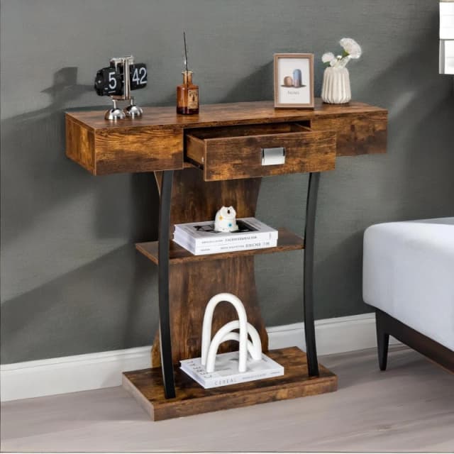 Rafaelo Mobilia Industrial T Shaped Narrow Console Table With Drawer in Dark Brown Dark Brown Unisex