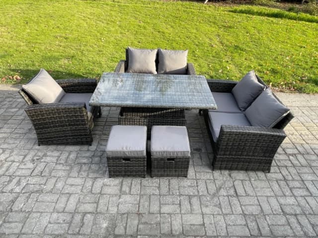 Fimous 7 Seater Rattan Outdoor Garden Furniture Sofa Set with 2 Small Footstool Dark Grey Mixed Dark Grey Unisex