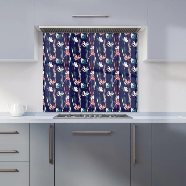 Warren Reed - Designer Hand Drawn Wild Flowers Kitchen Splashback in Blue Size: 700mm x 650mm Blue Unisex 700mm x 650mm
