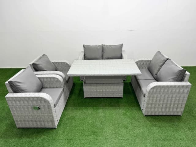 Fimous 6 Seater Outdoor Reclining Chair Love Sofa Set Rattan Garden Furniture Set with Adjustable Lifting Dining or Coffee Table Light Grey Light Grey