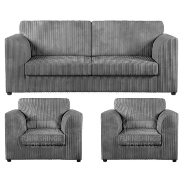 Furnishings For Less UK Luxor Jumbo Cord 3 + 1 + 1 Fabric 3 Piece Sofa Suite - Fullback Grey