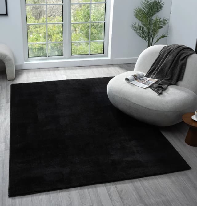 Comfy Washable Low Pile Living Room Area Rug - Anti Slip Felt Backing Black 200Cm X 280Cm