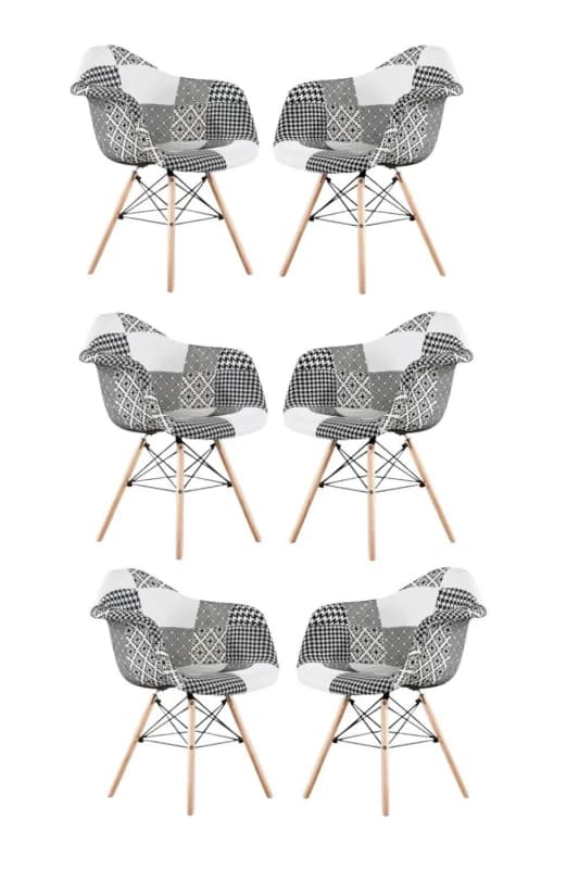 Life Interiors Life Interiors Set of 6 Patchwork Accent Chairs with Wooden Legs and Black Metal Wire Frame Multi One Size Unisex 5060632409928