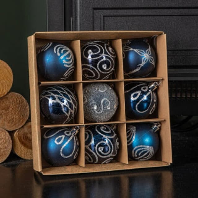 Samuel Alexander Set Of 9 Shatterproof Deluxe Glitter Christmas Tree Baubles In Midnight Blue
