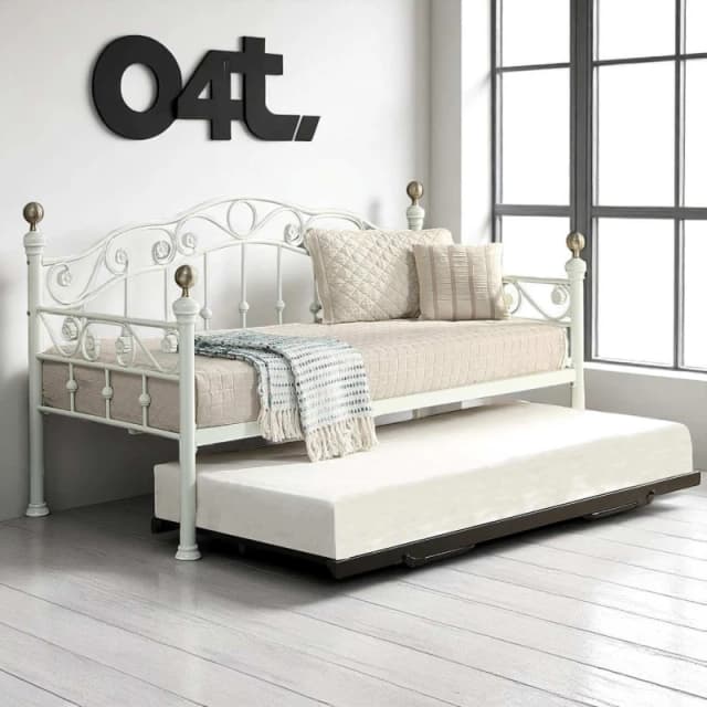 OAT Home Mayfair White & Brass Metal Single Day Bed & Guest Trundle White Unisex Single